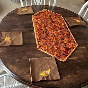 Reversible Quilted Runner & Custom Embroidered Square Brown Napkins